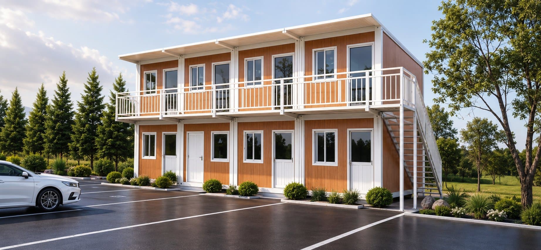 Two-story glass-front modular building configuration.
