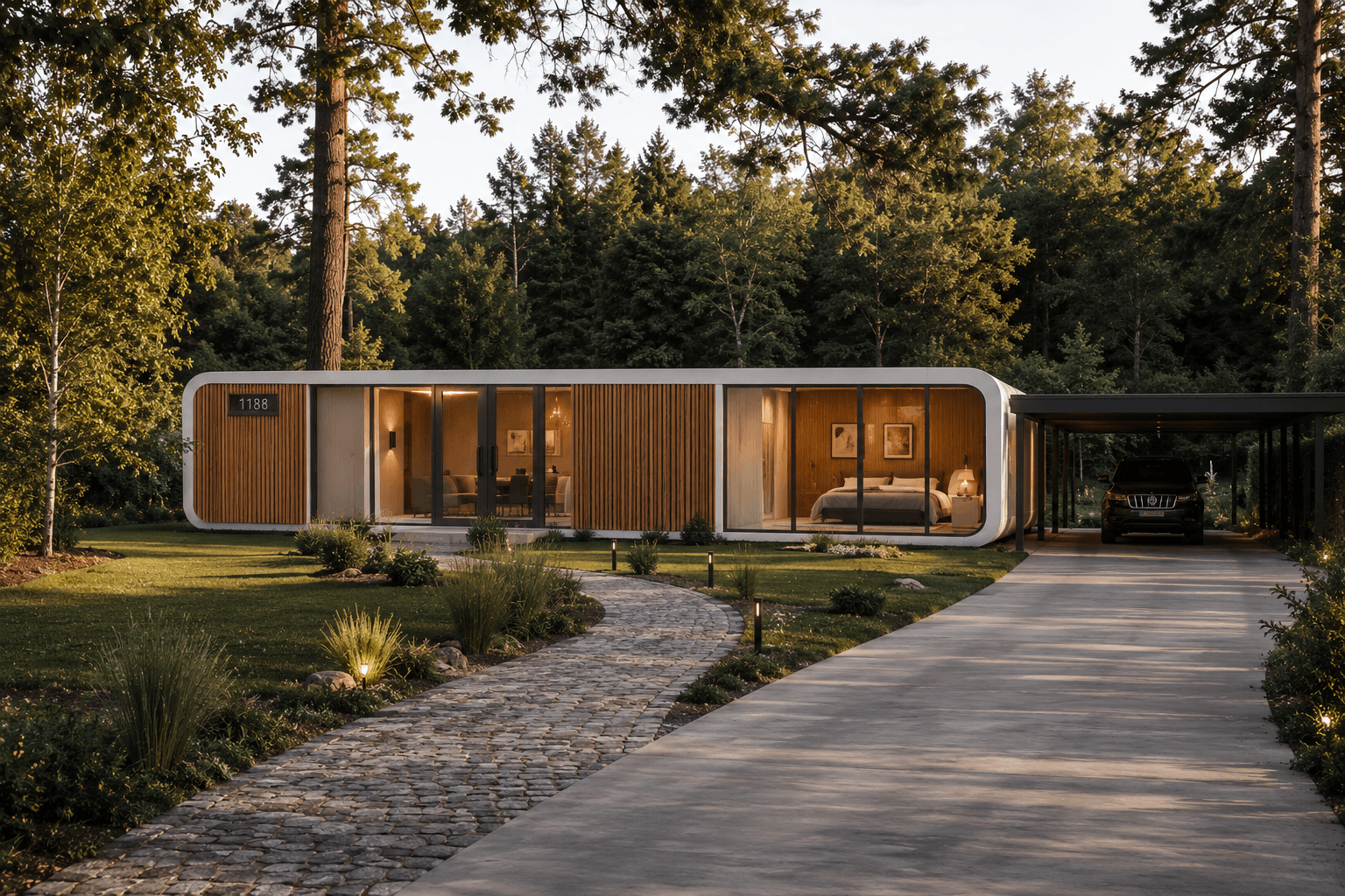 Apple Cabin with rounded aluminum panels in a forest clearing.