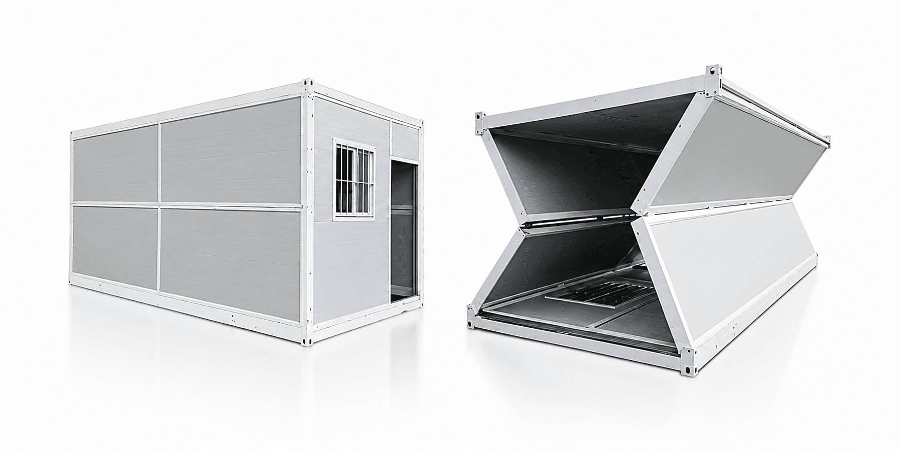 Folding emergency house shown folded and unfolded.