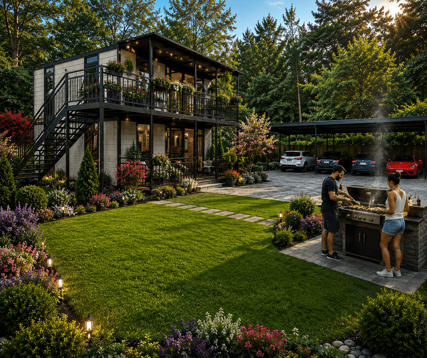 Two-story duplex expandable home with balconies and a landscaped yard.