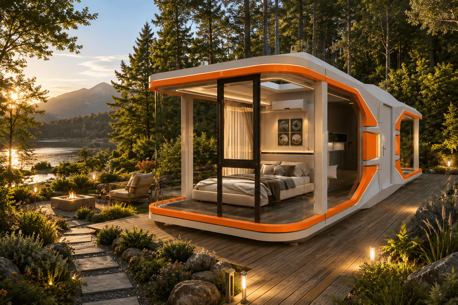 Futuristic Space Capsule home with orange accents overlooking a lake at sunset.